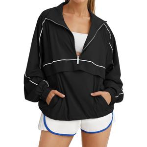 Fisoew Quarter Zip Pullover Women UPF 50+ Lightweight Windbreaker Jacket Running Hiking Outdoor Pullover with Pocket, Medium 
