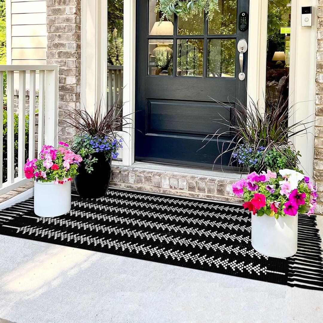 Front Porch Rug 23.6" x 51.2" Black and White Boho Herringbone Pattern Outdoor Rug Door Mat Cotton Hand Woven Rug for Front Porch Decor Washable Welcome Layered Doormat for Entryway Kitchen