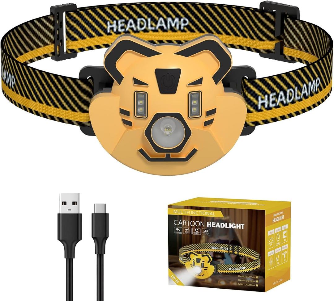 COSOOS LED Rechargeable Headlamp for Kids Flashlight Camping Gear, Outdoor Head Lamp for Boy Girl, 2.6oz Lightweight Headlight, Birthday Gift, Tiger