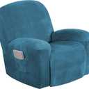 Turquoize Velvet Recliner Covers with Pocket Recliner Chair Cover Stretch Recliner Slipcovers 1 Piece Velvet Recliner Furniture Cover/Protector for Recliner with Elastic Bottom(Recliner, Peacock Blue)