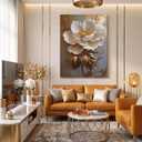 RDXLTOFO 3D Floral Canvas Wall Art White Flower Wall Decor with Gold Leaves Modern Abstract Botanical Painting for Living Room Bedroom Office Elegant Textured Artwork Ready to Hang 16x24 Inch