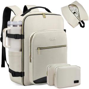 LOVEVOOK 40L Large Travel Backpack for Women Men, 17 Inch Carry on Backpack for Traveling on Airplane, Personal Item Travel Bag Airline Approved, Business Causal Weekender Backpack, Beige-Black