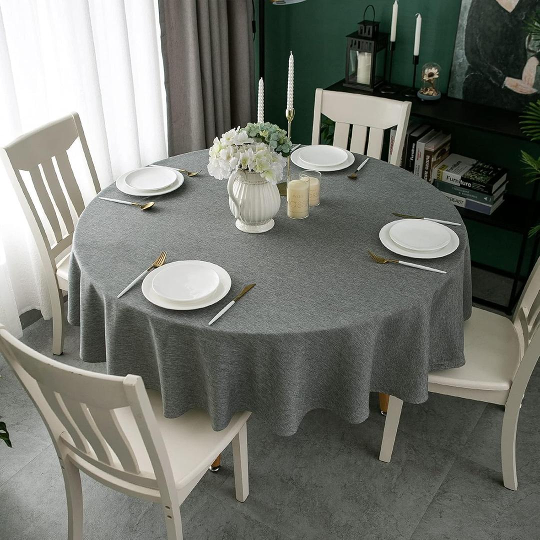 Qidordour Round Tablecloth, 70 inch Diameter, Faux Linen Table Cloth, Water Resistant Spill-Proof Wipeable Polyester Dining Table Cover for Kitchen Cafe Restaurant Buffet Tabletop Decoration, Grey