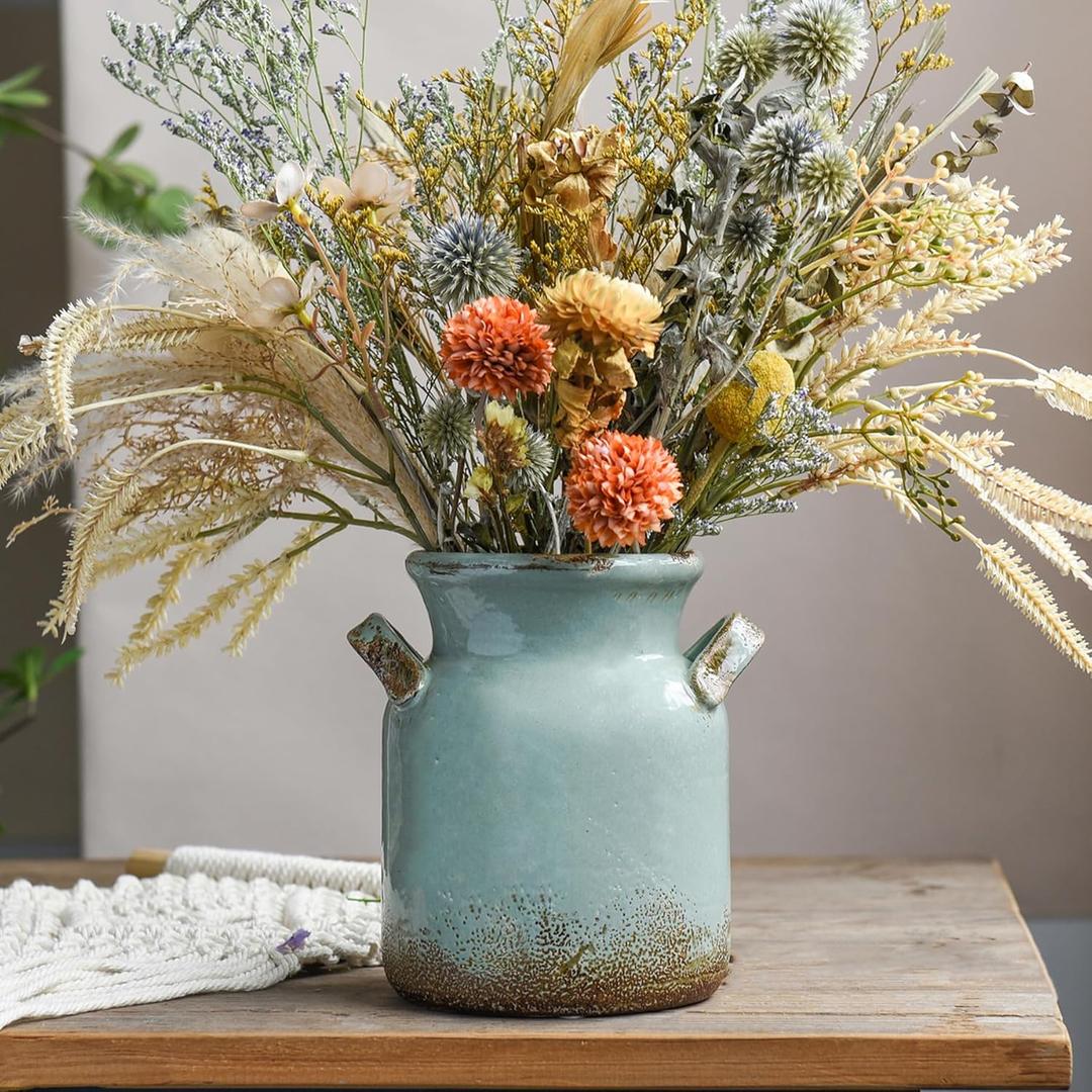 Quoowiit Ceramic Rustic Farmhouse Vase, Distressed Decorative Flower Vase for Home Decor, Ideal Shelf Decor, Green Boho Vase for Living Room Bedroom Kitchen Office Decor Centerpiece Table Decorations (6 Inch-green)