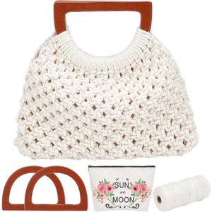WEBEEDY Macrame Bag DIY Kit for Adults Macrame Kit for Beginners Macrame Purse DIY Kit for Women Macrame Handbag with Wooden Handle Hobbies Project for Starter Christmas Boho Gift Idea (Natural)