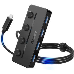 Aceele USB C Hub, USBC to 4-Ports USB 3.0 Hub with Type C Power Port and Individual On/Off Switches, 5Gbps USB C Splitter with 3.3ft Long Extender Cable Compatible for Laptops, MacBook Pro/Air