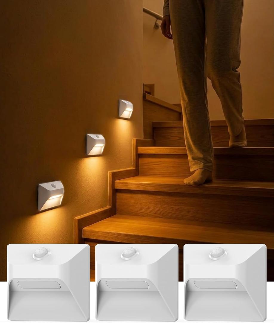 Motion Sensor Stair Lights, 365-Day Battery Life | Rechargeable Night Lights with Magnetic Mount, Stick-On Installation for Stairs, Hallway, Bedroom, Bathroom, Closet, Cabinet, 3 Pack