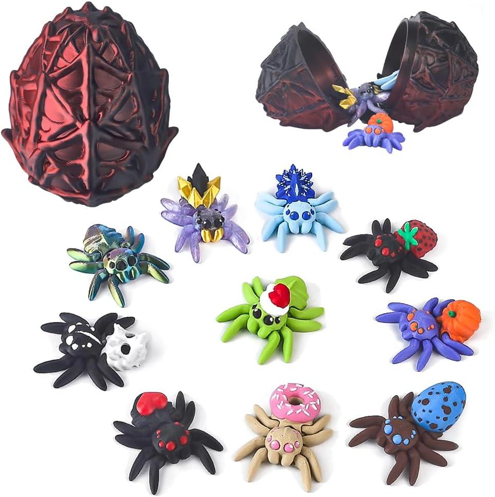 3D Printed Dragon Egg with 10 Unique Spiders, 3D Printed Animals Toys, Surprise Spider Fidget Toy Set for Party Favors, Fun Gift for Kids (Black-Red)