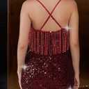 Women's Sparkling Sequin Fringe Mini Dress Party Clubwear Sleeveless Spaghetti Strap Bodycon Dress (L)