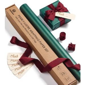 Vitalizart Green Wrapping Paper Set 17" Pearly-Lustre With Silk Like Satin Ribbon & Gift Tags Recyclable Christmas Gift Wrapping Birthday Baby Shower Wedding Handmade Crafts 197"(16.4 Ft)