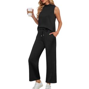 Lepunuo Two Piece Sets for Women Summer Mock Neck Sleeveless Top Wide Leg Pants Lounge Sets Vacation Travel Outfits (X-Large)