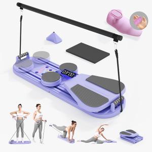 Pilates Board Reformer Premium 15-in-1 Upgraded Foldable - Portable Home Gym Digital Display, Resistance Bands,Balance Board and Timer - Ideal for Abs, Core and Full-Body Workout for Women (Purple)