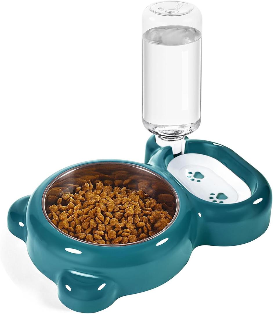 4 x Dog Bowls, Cat Food and Water Bowl Set with Water Dispenser and Stainless Steel Bowl for Cats and Small Dogs - Dark Green