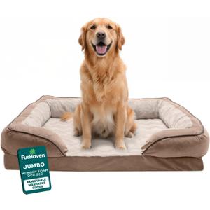 Furhaven Orthopedic Dog Bed for Large Dogs w/ Removable Bolsters & Washable Cover, For Dogs Up to 95 lbs - Plush & Velvet Waves Perfect Comfort Sofa - Brownstone, Jumbo/XL