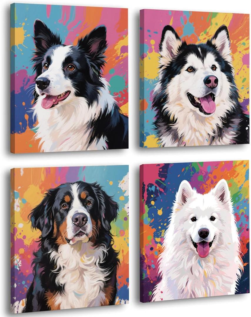 Framed Colorful Dog Canvas Wall Art, 8x10 Inch Set of 4 Pet Printing, Border Collie, Samoyed, Alaskan Malamute, Bernese Mountain Dog Prints