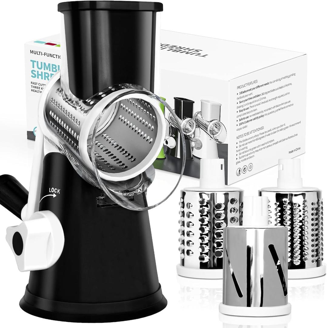 X Home Rotary Cheese Grater for Kitchen, Shredder with 3 Interchangeable Blades, Rotary Grater with Handle and Strong Suction Base, for Vegetables, Fruit, Nuts, Easy to Use and Clean, Black