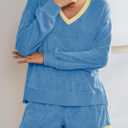 Tankaneo Womens V Neck 2 Piece Pajama Short Sets Color Block Loose Fit Long Sleeve Shirt and High Waisted Shorts Lounge Sets (Small, Blue)