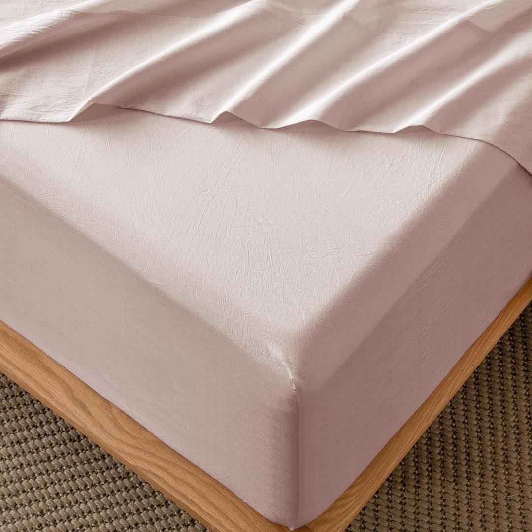 MooMee Fitted Bottom Sheet Only 100% Washed Cotton Linen Like Textured Breathable Durable Soft Comfy Deep Pocket Fits Mattress up to 17" (Greyish Pink, Twin)
