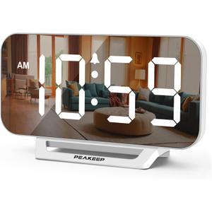Peakeep Slim Digital Mirror Aesthetic Alarm Clock for Bedrooms Desk Decor, Plug in Electric Big LED Modern Small Clock for Office Living Room, Battery Backup, 6 Dimmers (White)