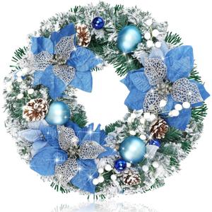 Pre-lit Christmas Wreaths for Front Door 13.7 Inches Christmas Blue Flowers Wreath Decorations with Blue Ball Pine Cones Ornaments 20 LED Lighted Hoop for Xmas Outdoor Wall Window