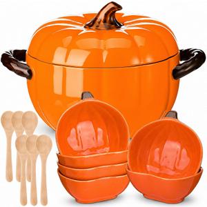 Qinyoung Pumpkin Ceramic Pot with Lid & 6 Set Fall Ramekins and Wood Spoons, soup pot about 54 oz, bowl about 6 oz