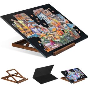 Tektalk Foldable Jigsaw Puzzle Board with 3 Angle Adjustable Bracket/Stand, Lightweight Portable Puzzle Mat Plateau with Wooden Easel, Foldaway Felt Puzzle Table, for Up to 1000 Pieces - Black