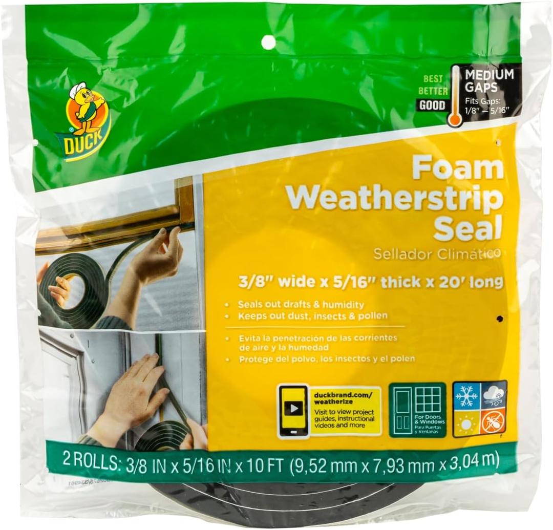 Duck Brand Self Adhesive Foam Weatherstrip Seal for Extra Large Gaps, 20 Total Feet, Window and Door Seal Strip Foam Tape, 3/8-Inch Wide x 5/16-Inch Thick x 10-Feet Long, 2 Rolls, Charcoal (285645)