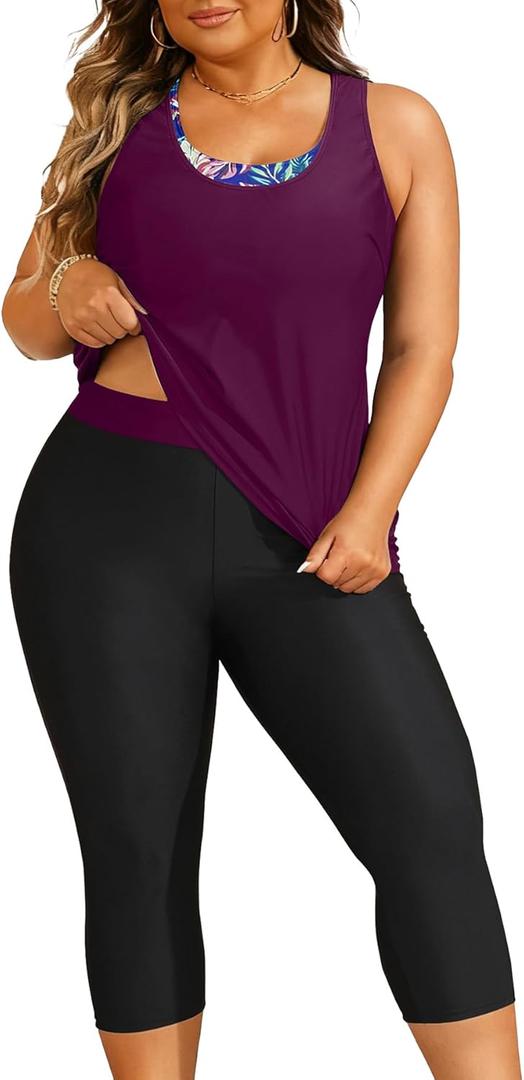 Yonique 3 Piece Plus Size Swimsuits for Women Tankini Tops with Sports Bra and Swim Capris Athletic Bathing Suits (Purple Floral)