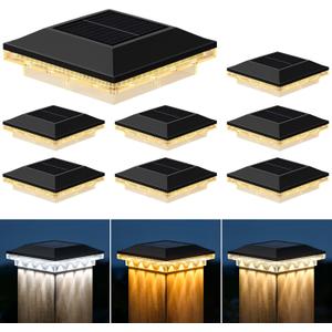Brightever 4x4 Solar Post Cap Lights Outdoor with 3 Lighting Modes, 8-Pack Solar Powered Fence Post Lights Waterproof Fits Wooden/Vinyl Posts, Solar Deck Post Lights for Garden Patio Porch, Black