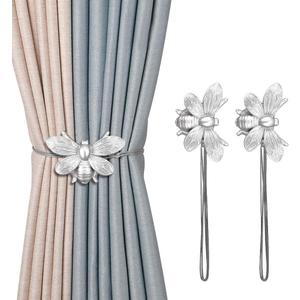 Curtain Holdbacks Set of 2, Gift, Resin Magnetic Curtain Tiebacks Silver Flying Bee Curtain Holders, Decorative Curtain Ties for Drapes, Outdoor Home Office Farmhouse, Curtain Decorative Accessories