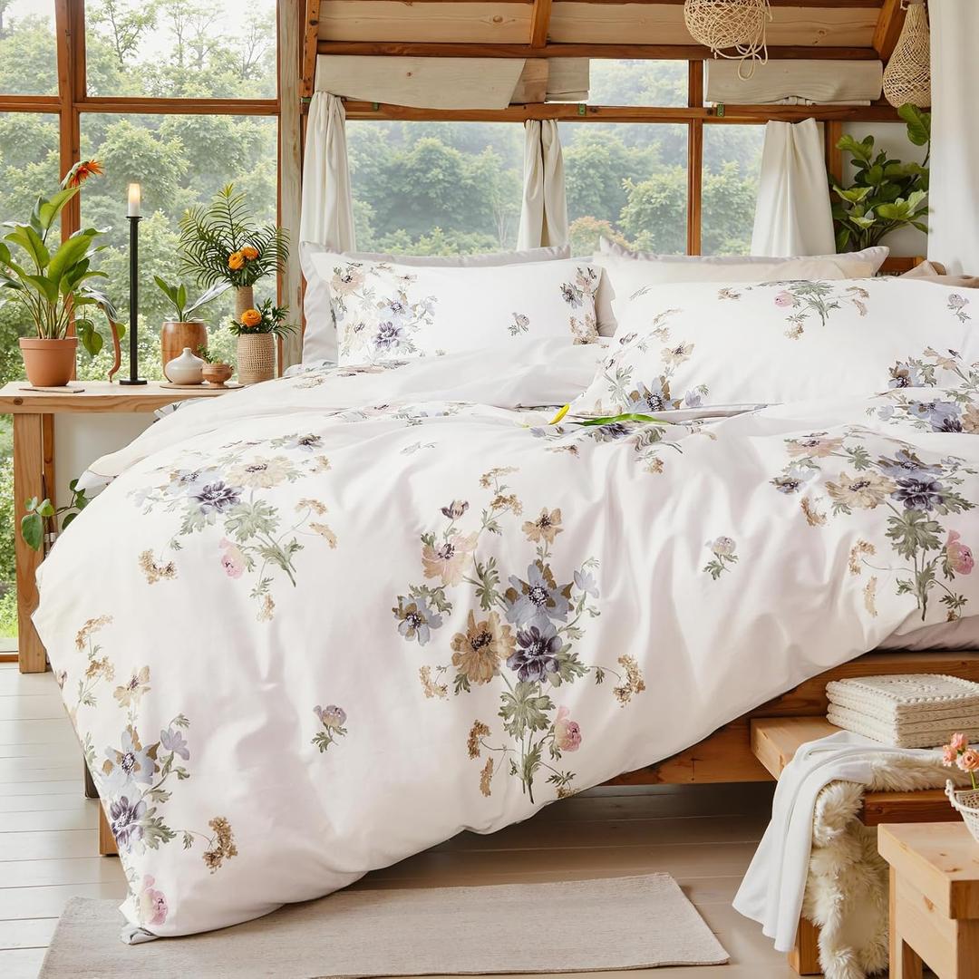 100% Cotton Duvet Cover Queen Size Vintage Floral Duvet Cover Set with Zipper Closure & Corner Ties 3 Pieces Botanical Bedding Sets Soft and Lightweight Comforter Cover for All Seasons