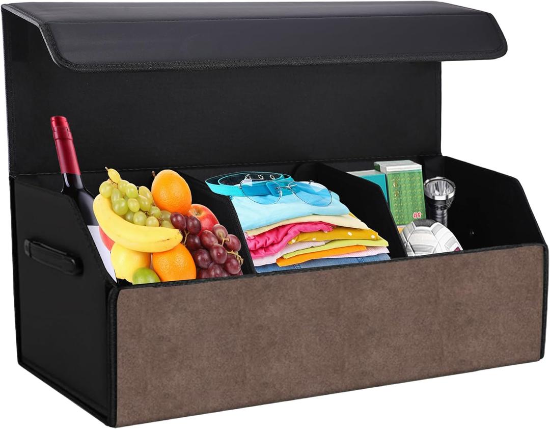 Car Trunk Organizer with Lid, Folding Car Organizers for Trunk for SUV, Trunk Waterproof Organizer Leather Home Storage Box with Magnetic Lock (Brown) (Extra-Large)