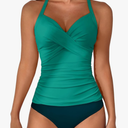B2prity Women's Ruched Tankini Swimsuits V Neck Wrap Tie Back Two Pieces Bathing Suit Tummy Control Swimwear, Size -M