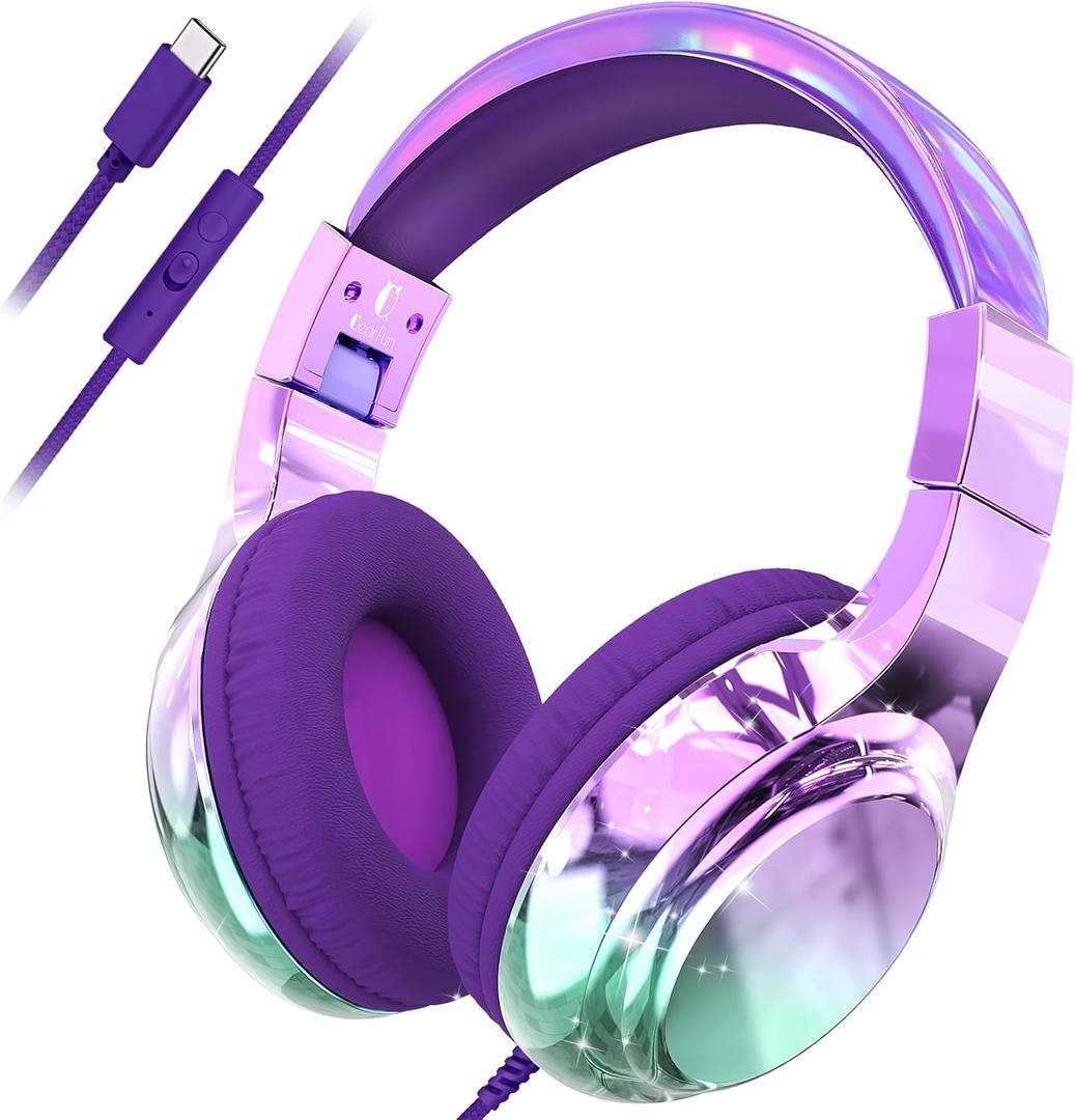 QearFun USB C Kids Headphones Wired with Mic, 85/94dB Safe Volume Limit, Foldable Over Ear, Tangle-Free Cord & Sharing Port, Wired On-Ear Headset for School, Chromebook, Tablet, Travel-Boys & Girls (Purple)
