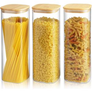 82 Oz Glass Storage Containers with Bamboo Lids, Square Glass Canister Sets Clear Glass Pantry Storage Containers with Lids for Cookie Flour Oat Pasta Tea Coffee Bean, Set of 3