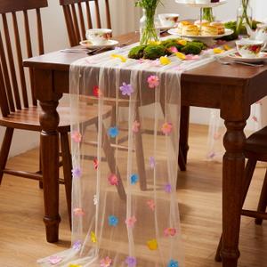 Newwiee Champagne Wildflower Table Runner 10ft Floral 3D Tulle Lace Table Runner Seasonal Sheer Spring Summer Tablecloth for Holiday Kitchen Dining Decor Wedding Birthday Bridal Shower Tea Party