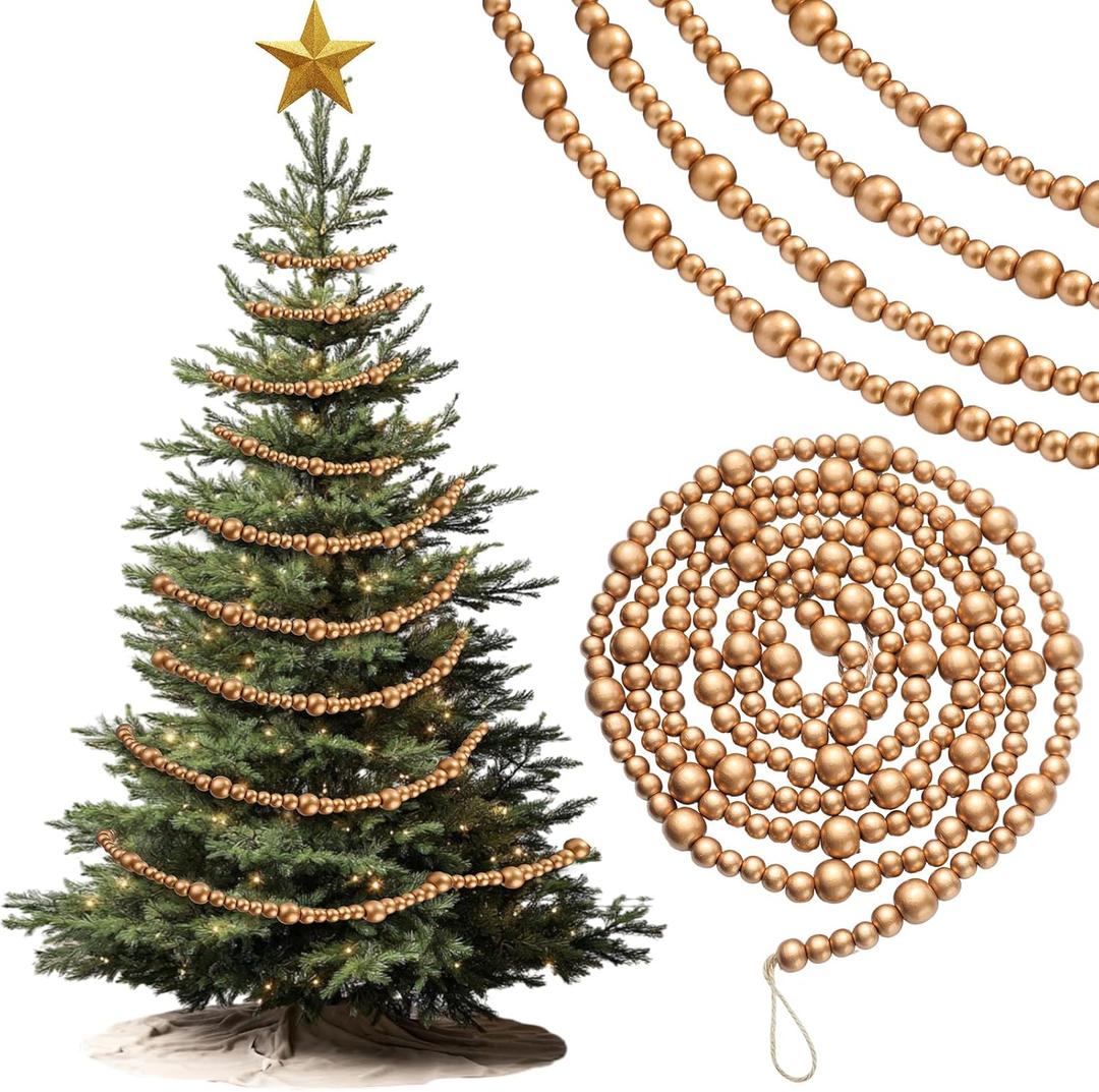 27 ft Long Christmas Wood Bead Garland 3 Pcs 9 ft Wood Christmas Tree Garland Decoration Vintage Beaded Garlands for Xmas Wedding Holiday Farmhouse Home Boho Decor (Gold)