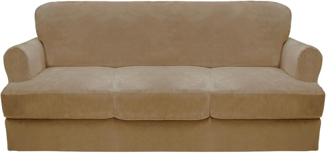 CUCRAF T Cushion Sofa Cover 4 Piece Slipcovers, Soft Thick Velvet Couch Cover for Living Room, Washable High Stretch Furniture Protector with 3 Cushion Slipcover, (Sofa, Taupe)