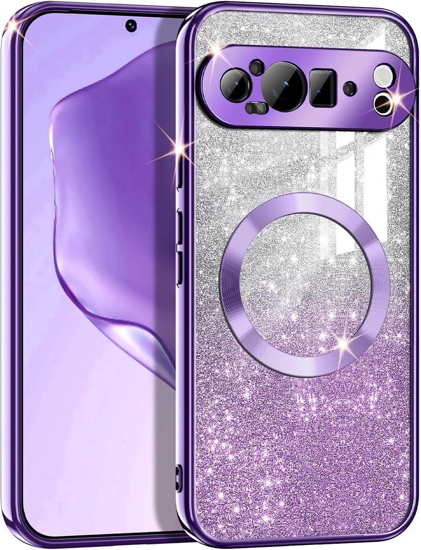 Casetego for Google Pixel 9 Pro XL Case,Compatible with MagSafe,Glitter Sparkle Magnetic Plated Slim Shockproof Soft TPU Bumper Full Protection Case for Google Pixel 9 Pro XL,Purple