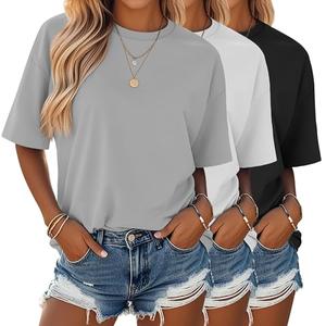 Huukeay 3 Pack Women's Short Sleeve T-Shirts Loose Fit Casual Crew Neck Cuffed Basic Tops Plain Trendy Summer Tee Shirts(Black, Light Gray, White, S)