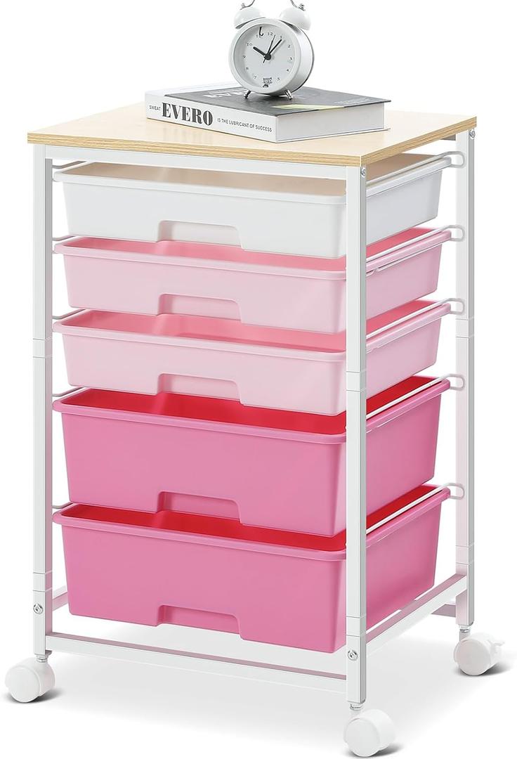 Utility Cart with 5 Drawers,Storage Drawer Cart with Wooden Tabletop and Lockable Wheels,Craft Storage Trolley Cart,5-Tier Rolling Utility Cart on Wheels,Rose Pink
