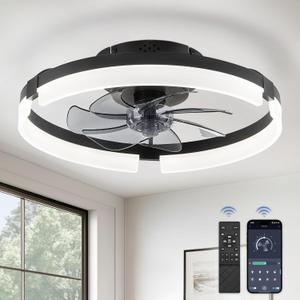 LEDIARY Ceiling Fans with Lights and Remote, 19.7 Inch Low Profile Ceiling Fan, 6 Speeds, Reversible, Dimmable Flush Mount Fan Light,Modern & Bladeless Ceiling Fan with Light for Bedroom, Black