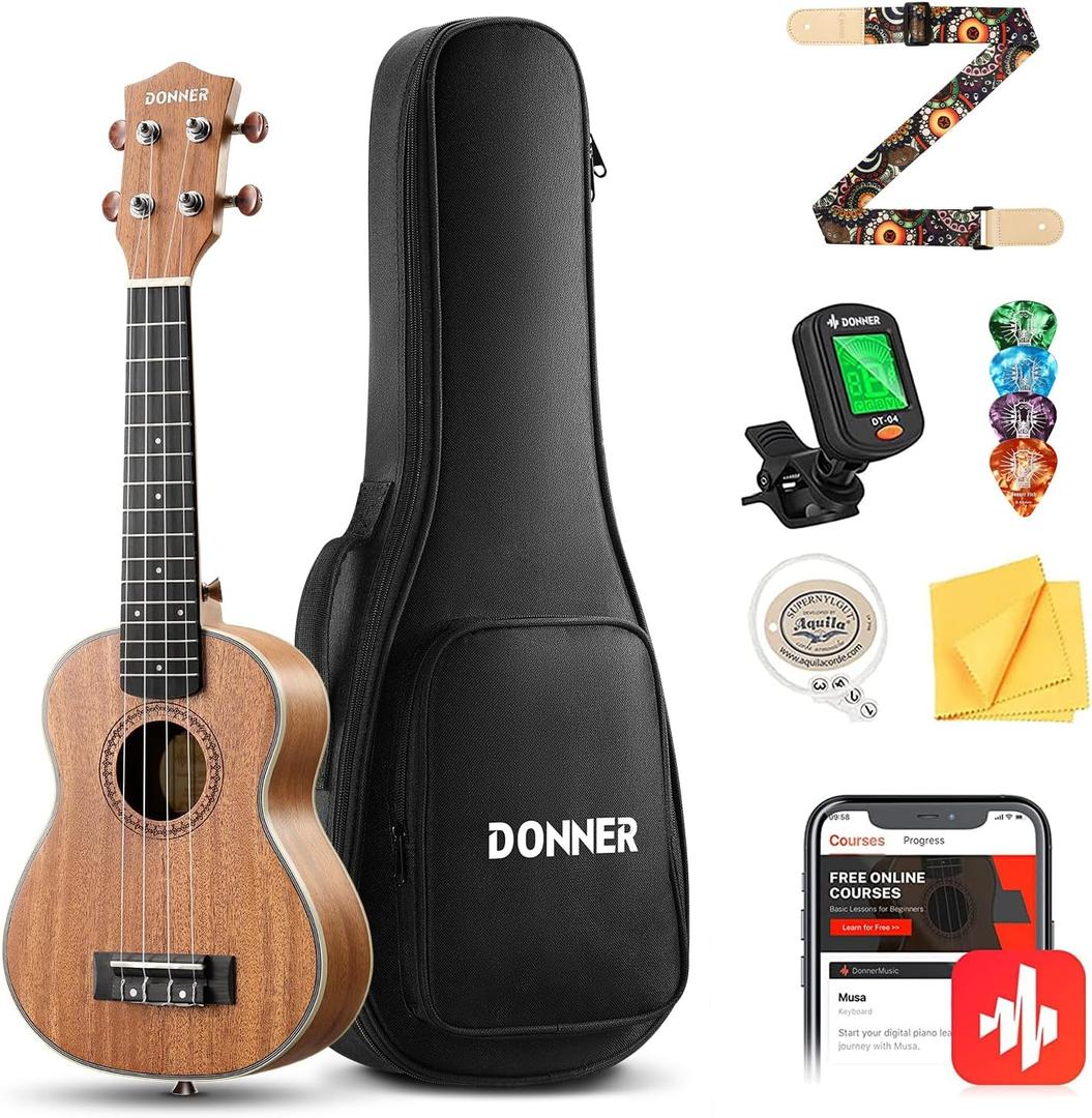 Donner Concert Ukulele Beginner Kit 23 inch Ukelele Mahogany Wood with Free Online Lesson Gig Bag Strap Nylon String Tuner Picks Ukalalee Yukalalee Bundle Pack DUC-200 (Brown)