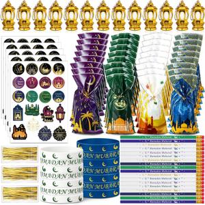 Ramadan Mubarak Gifts for Kids Includes Ramadan Pencils Silicone Wristbands Islamic Stickers Cellophane Gift Bag Mini Lanterns for Mubarak Party Favor Decor