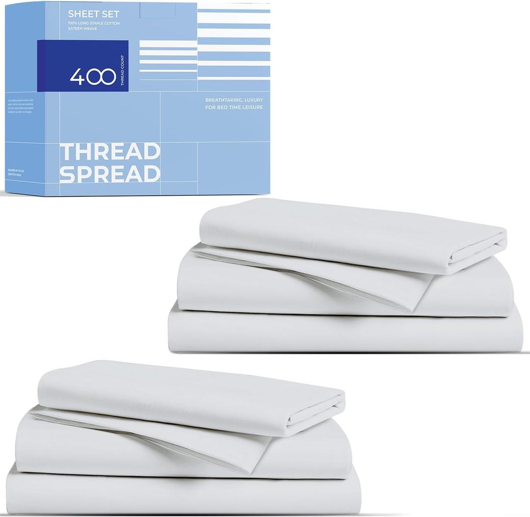 THREAD SPREAD 2-Pack Twin Cotton Sheets Sets - 400 Thread Count 100% Cotton Sateen Weave - Soft, Breathable, Hotel Quality Cooling Sheets, 2 Sets of Twin Size Deep Pocket Bed Sheets (Silver Grey)