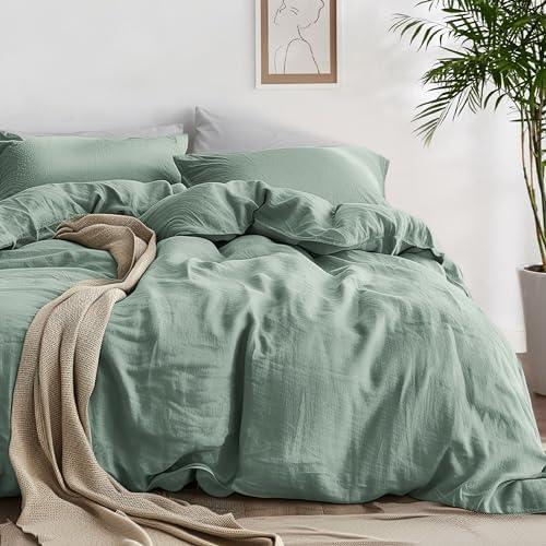 Bedsure 100% Washed Cotton Duvet Cover Queen Size - Green Minimalist Cotton Duvet Cover Linen Like for All Seasons - GentleSoft™ Plain Simple Bedding, 3 Pieces (Green, Queen, 90"x90")