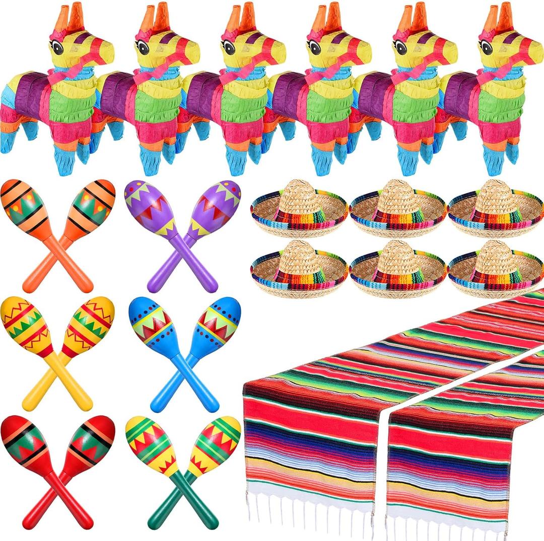 Libima 26 Pcs Mexican Decor Fiesta Decorations Include 6 Donkey 12 Large Fiesta Maracas 2 Serape Table Runners 6 Sombrero Hats for Mexican Decorations Favors(Boho)
