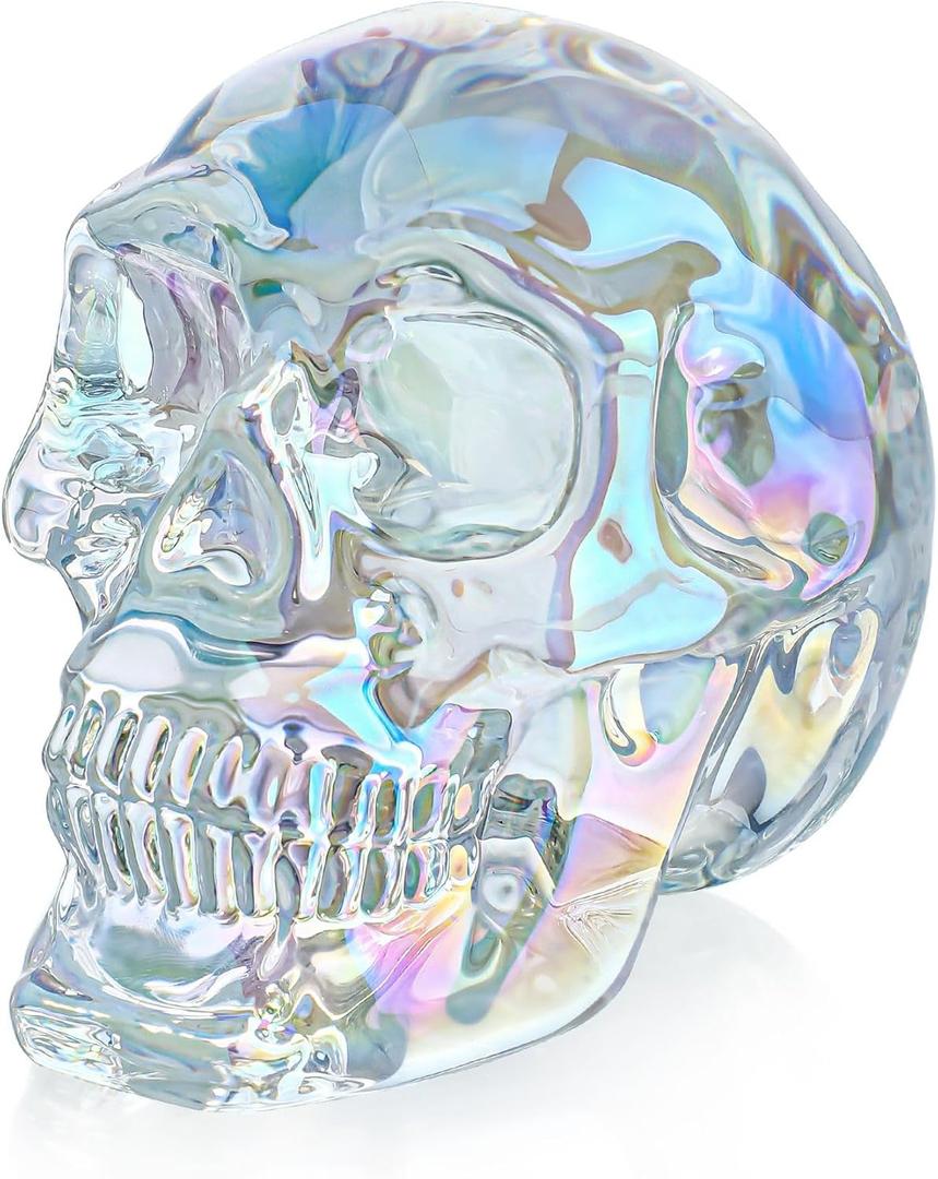 HDCRYSTALGIFTS 3'' Crystal Human Skull Head Statues Halloween Decor Glass Skull Figurines Sculpture for Home Decor,Colorful Skull