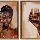 African American Women Canvas Wall Art Abstract Black Girl Wall Decor Afro Girl Wine Whisky Canvas Prints Set of 2 Modern Aesthetic Pictures Decor for Living Room Bedroom Bar, 12x16 Inch Unframed 2Pcs