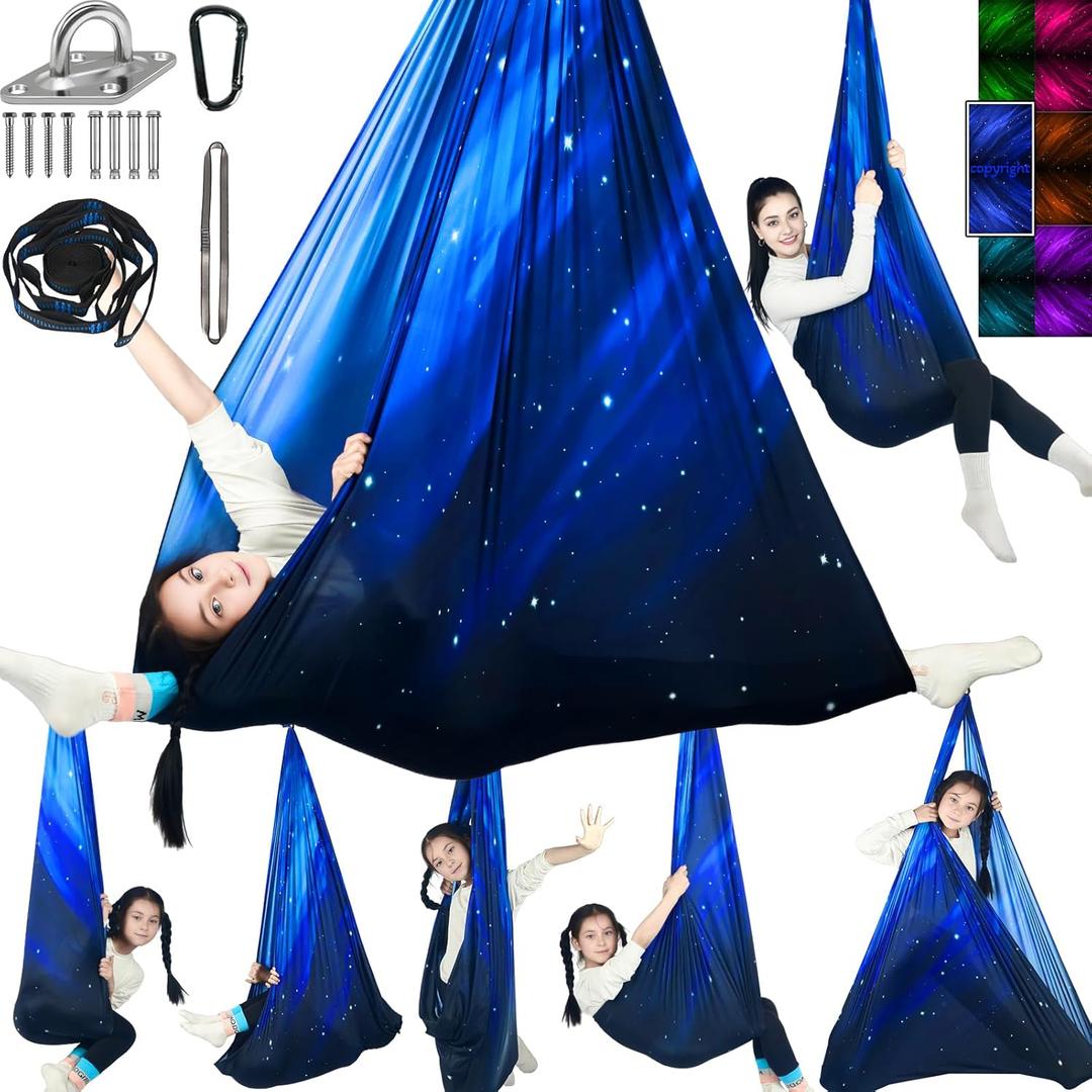 Sensory Swing for Kids Holds up to 300lbs Indoor & Outdoor Therapy Cuddle Swing with Hammock Hooks Hanger Kit for Calming, Effect for Autism, ADHD or SPD. (Space Blue)
